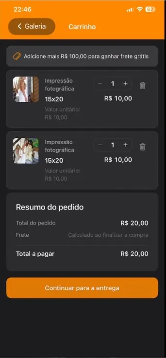 Carrinho de compras no aplicativo móvel