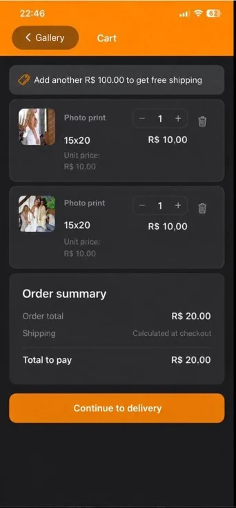 Shopping cart in the mobile app