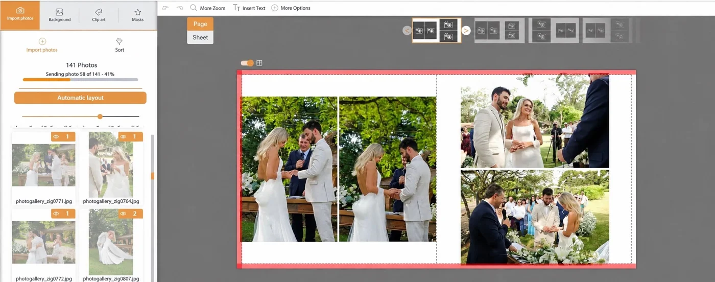 Album spread created automatically in the designer