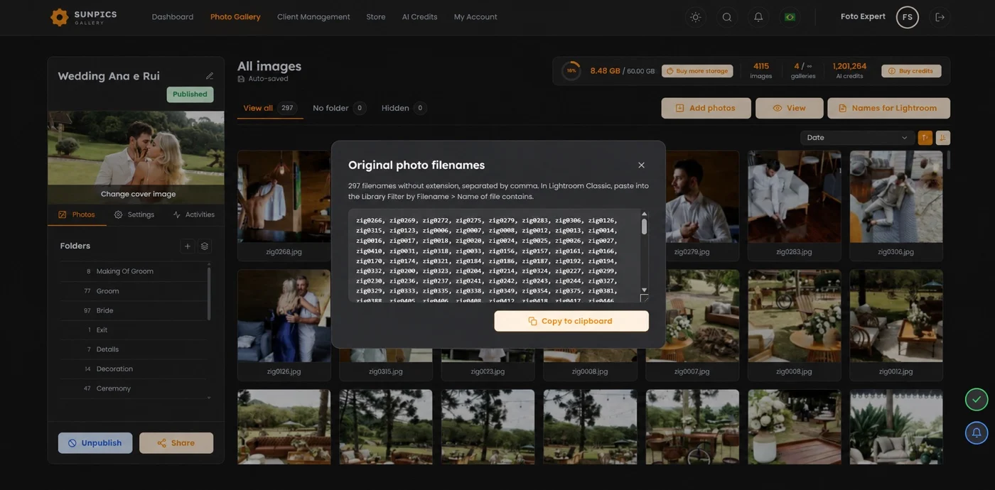 Window showing original photo filenames for Lightroom