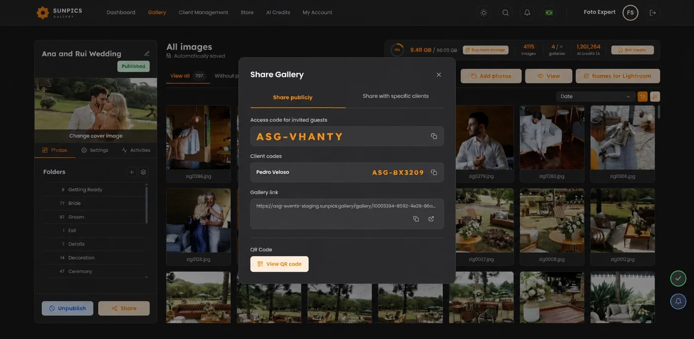 Gallery sharing screen with access codes and a QR code