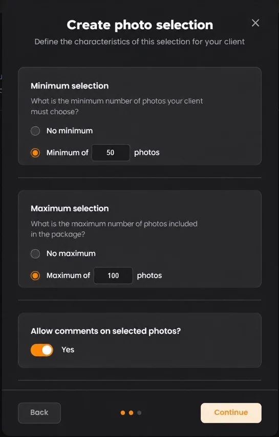 Minimum and maximum settings for a selection