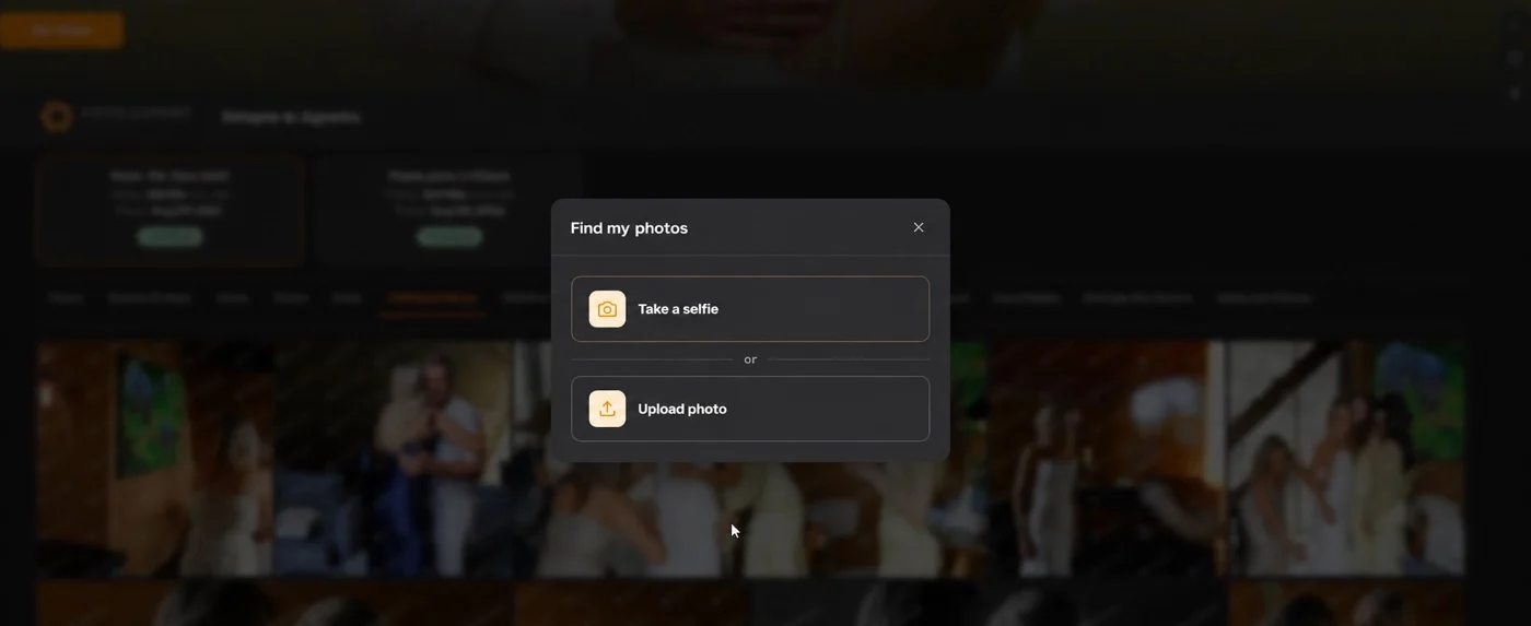Find my photos screen for taking a selfie or uploading a picture