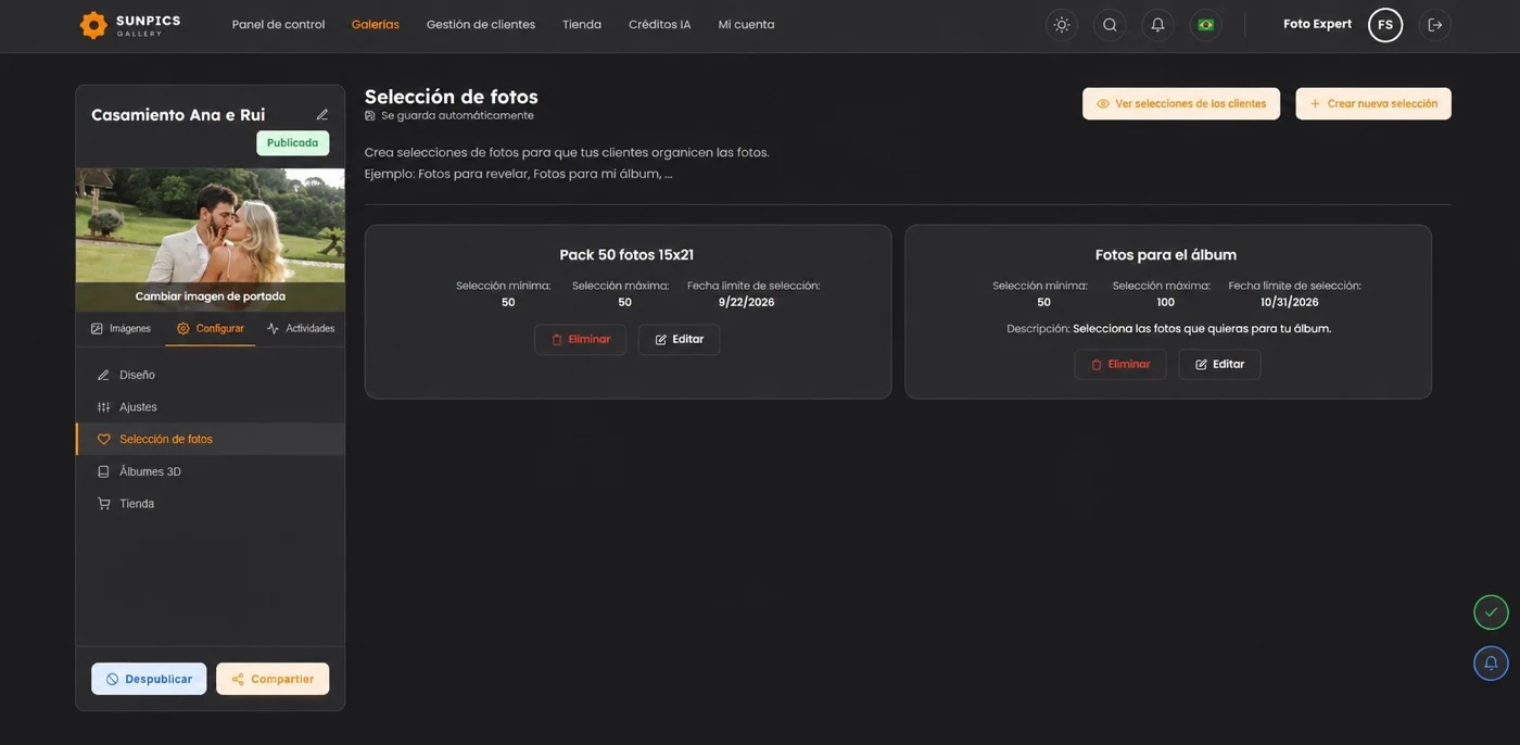 Lista de selecciones de fotos creadas
