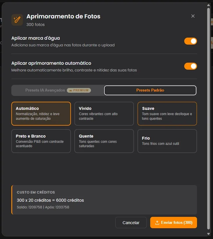 Predefinições de aprimoramento de fotos