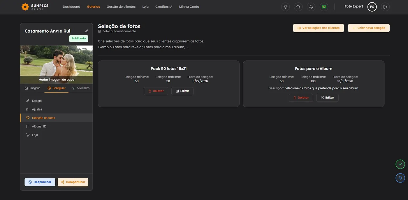 Lista de seleções de fotos criadas