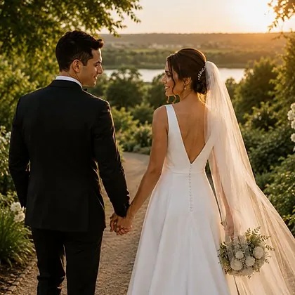 Casal de noivos ao pôr do sol