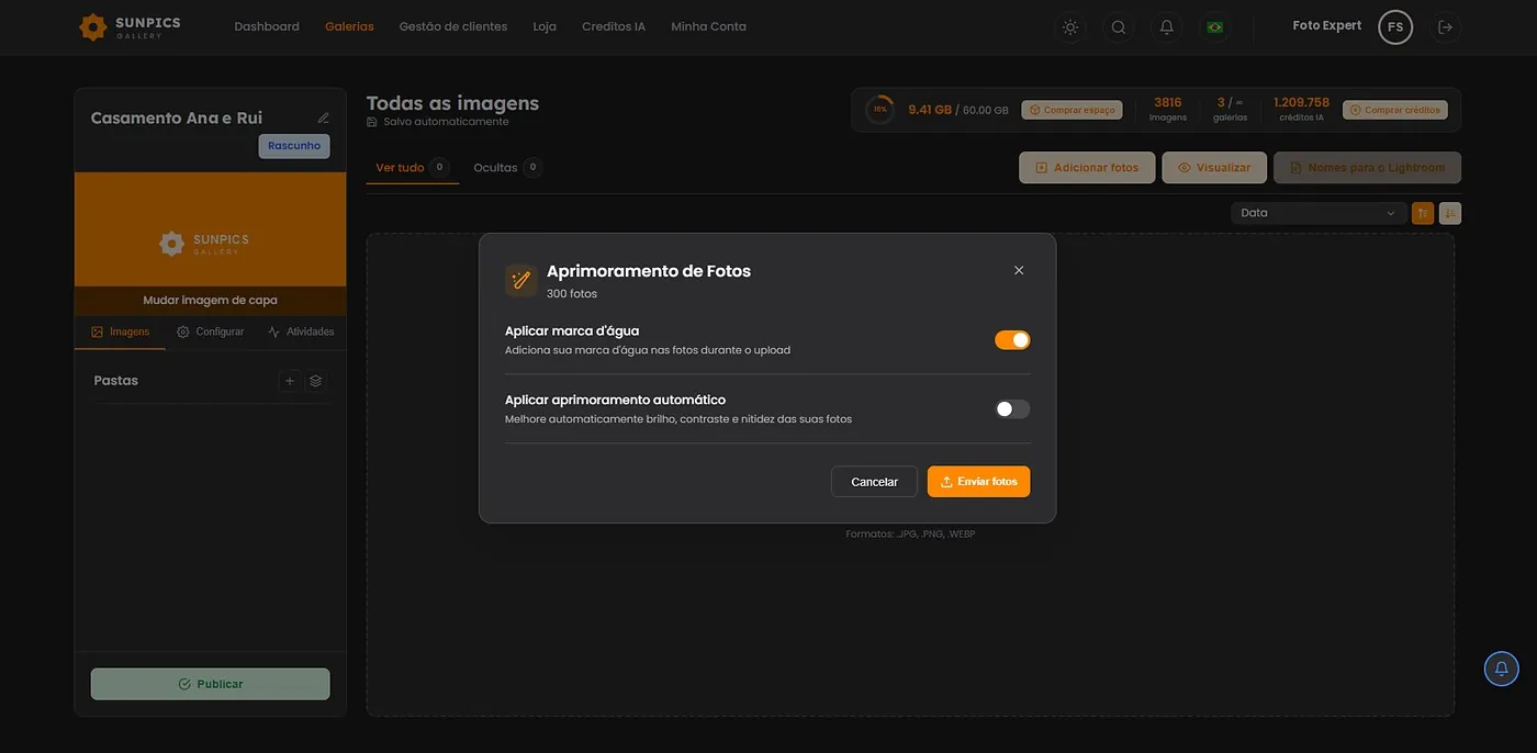 Tela de upload com aprimoramento de fotos